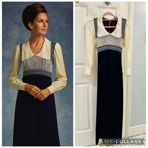 Vintage 70s Navy Blue and Cream Polka Dot Maxi Dress Sz S Prairie Cottagecore